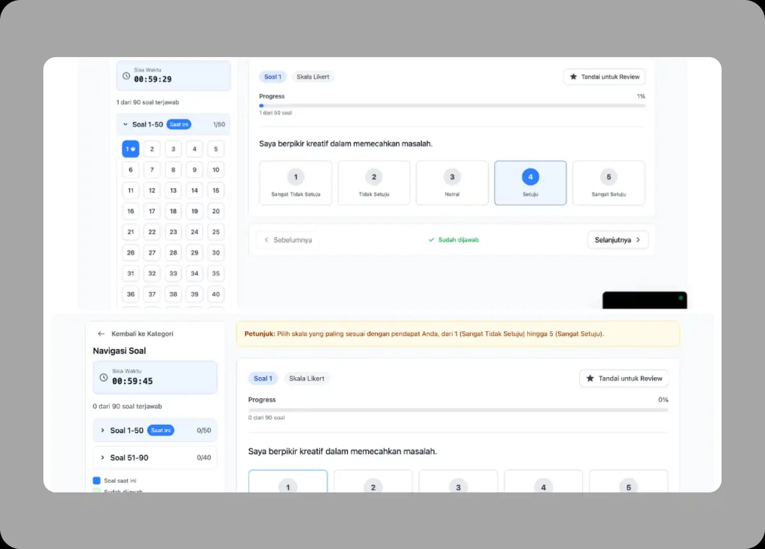 Tampilan platform tes online RekrutFit